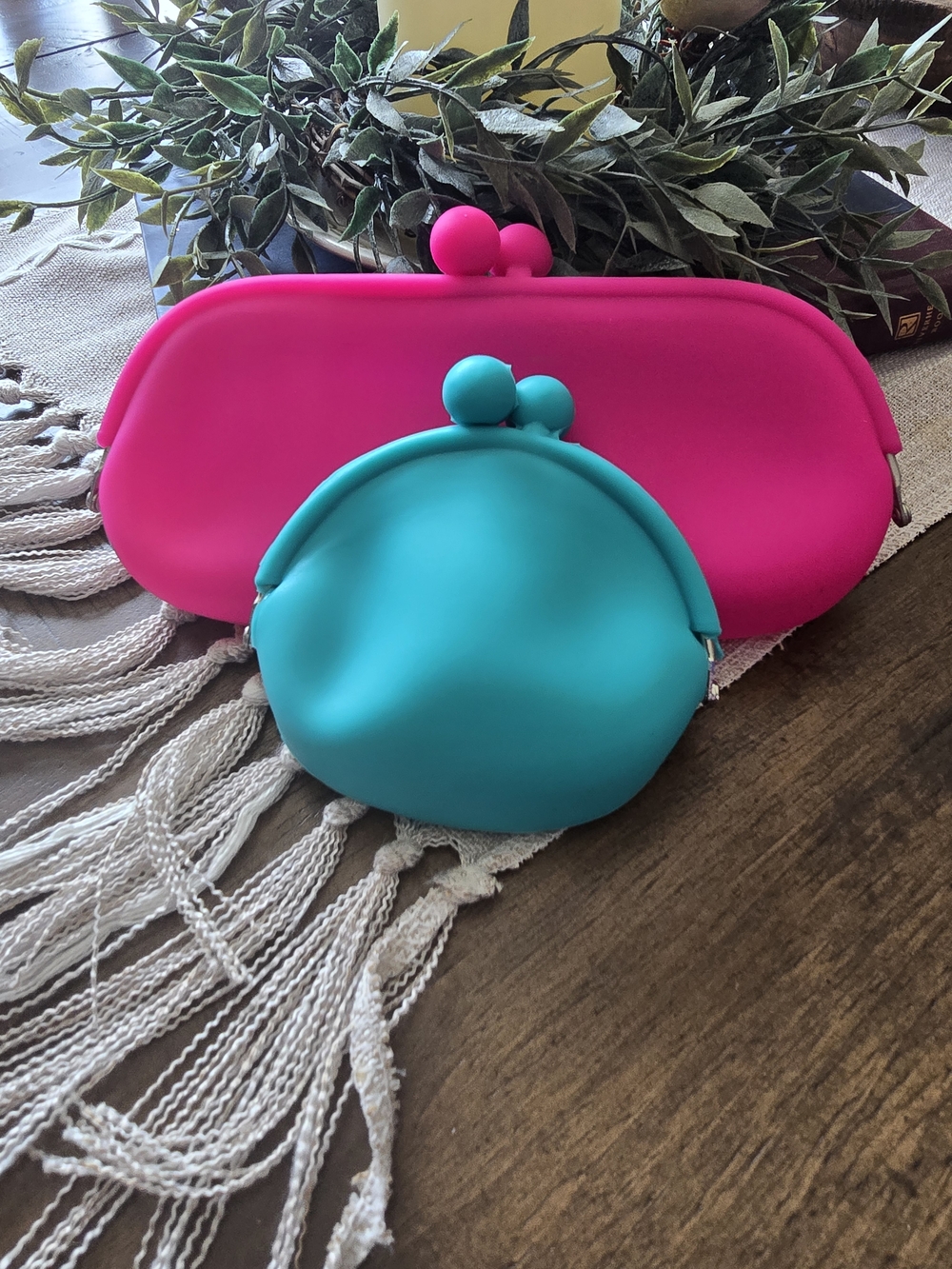 Pink & Teal Silicone Kiss-Lock Clutch and Coin Purse